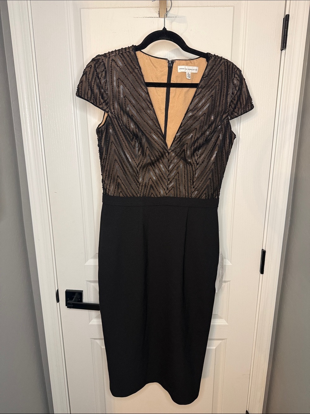 Dress the Population Black Midi Dress with Bronze Beaded Bodice